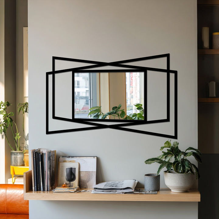 Highlighting the abstract quality, the angular overlap geometric frame of this floor mirror showcases decorative mirror design with modern black metal lines, adding visual depth.