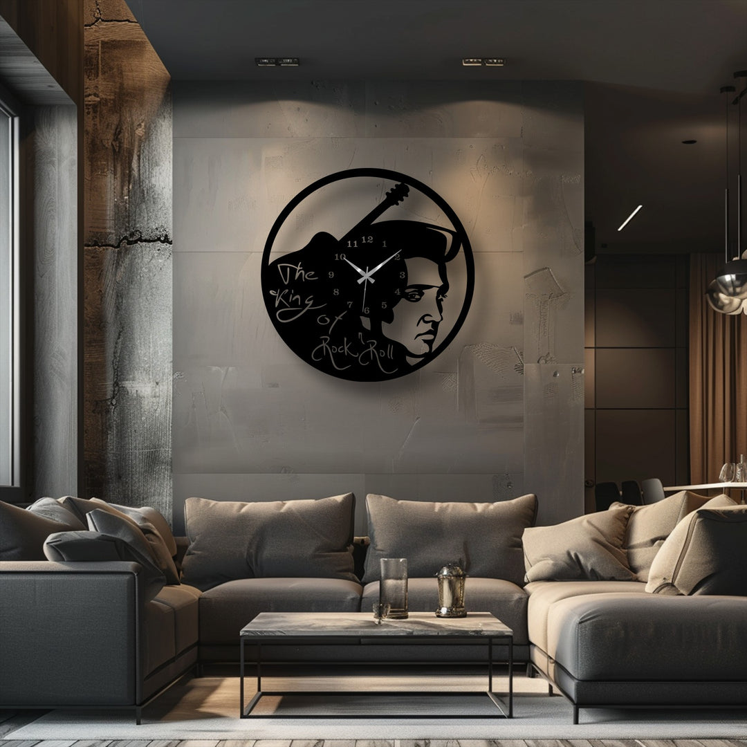 The dynamic hands of this iconic 'The King of Rock 'n' Roll' metal artwork clock embody the vibrant sense of movement found in rock music.