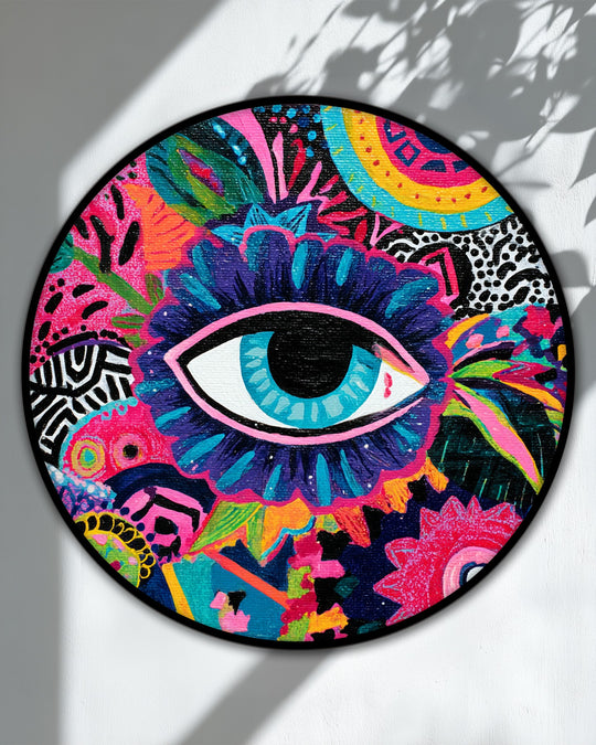 Light and shadow play on this round canvas print, highlighting the big canvas prints' colorful eye pop art and bold abstract design.