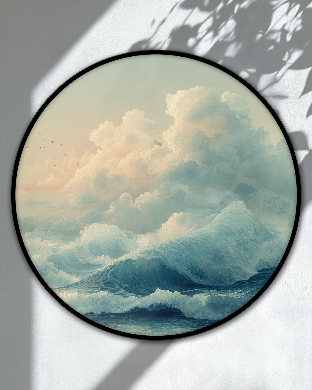 Realistically detailed round canvas print shows serene ocean waves and soft clouds, showcasing tranquil seascape canvas wall decor.