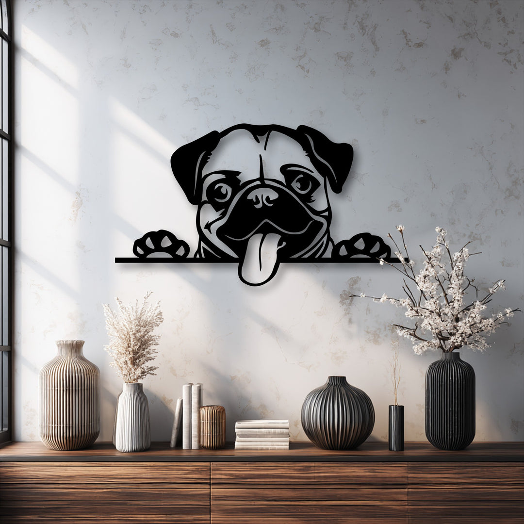 The defined edges and smooth borders of the playful pug dog metal art for wall clearly depict its adorable silhouette peeking.