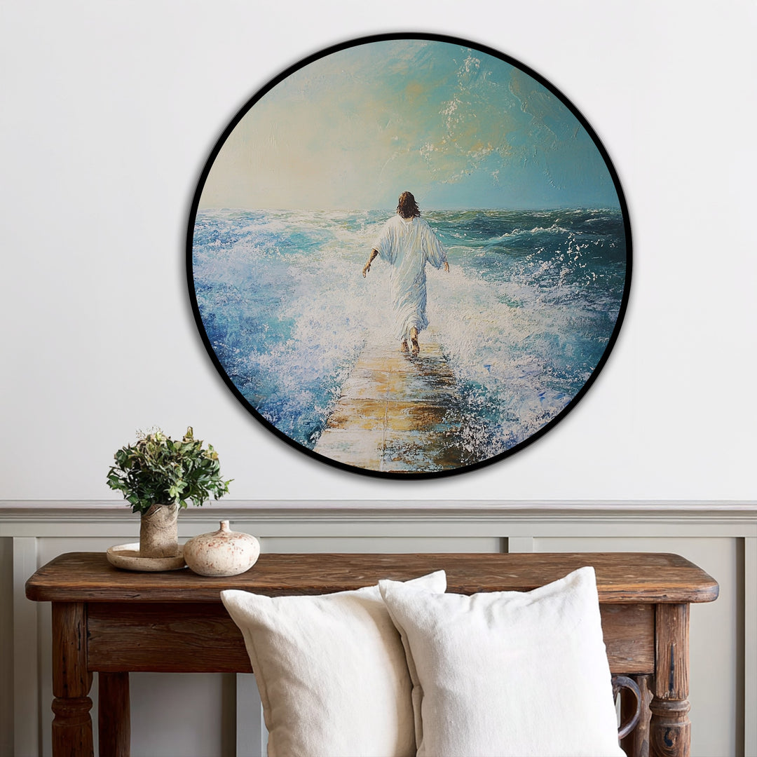 The stillness in this modern oil painting art depicts a figure walking on water, surrounded by crashing waves, symbolizing faith and serenity.