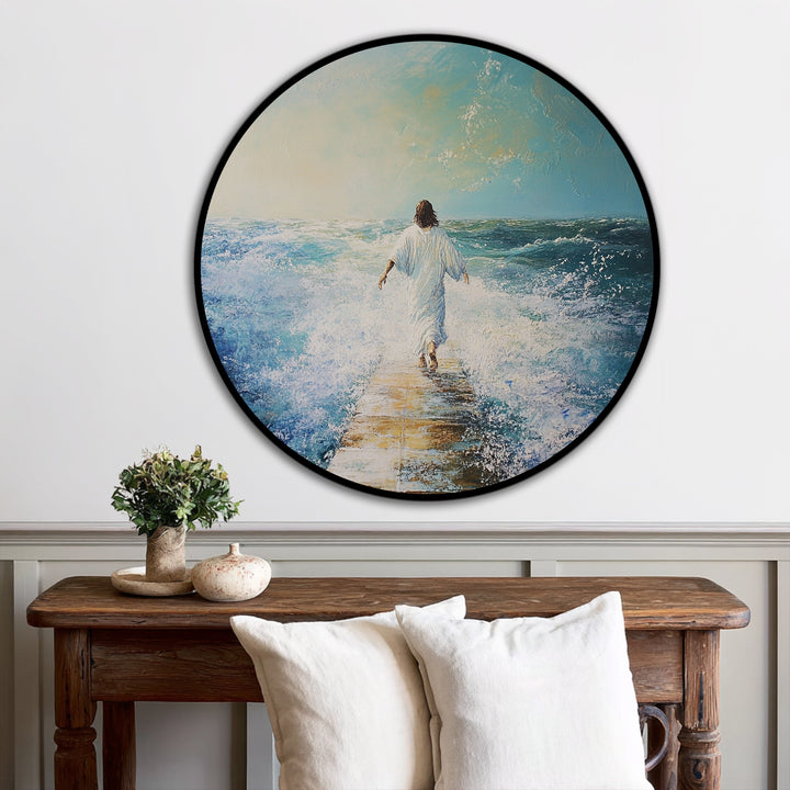 The stillness in this modern oil painting art depicts a figure walking on water, surrounded by crashing waves, symbolizing faith and serenity.