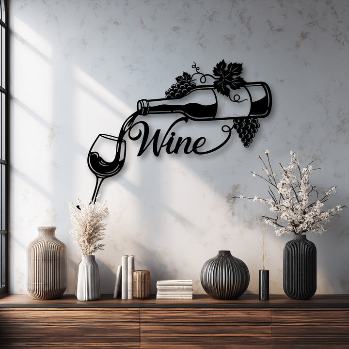 The brightest area reveals a white textured wall illuminated by sunlit window shadows, showcasing elegant Pouring Wine Elegance metal wall decor.