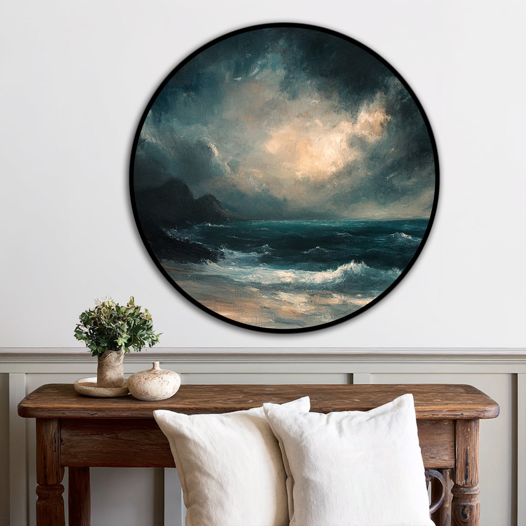 Dramatic color contrast highlights the luminosity of the sky against the storm in this round Tempest Horizon oil painting art piece, creating a captivating seascape.