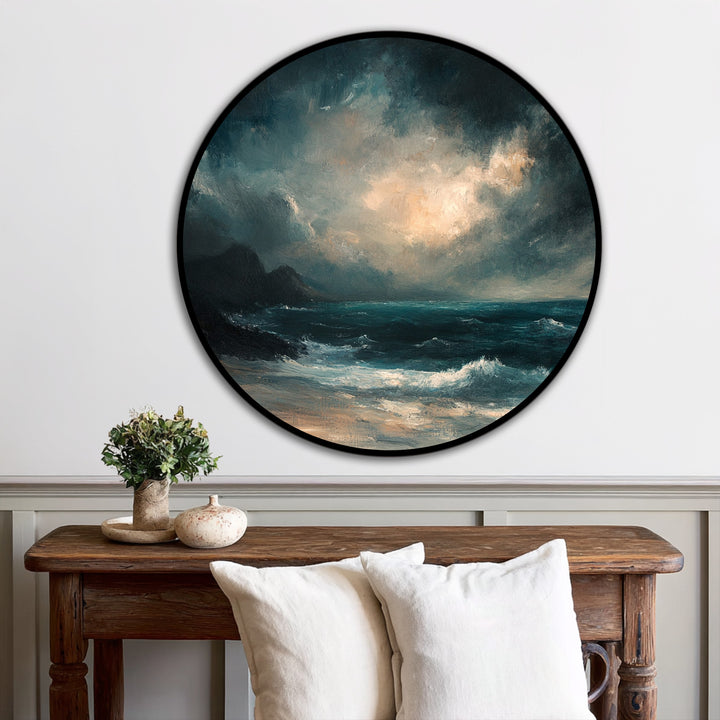 Dramatic color contrast highlights the luminosity of the sky against the storm in this round Tempest Horizon oil painting art piece, creating a captivating seascape.