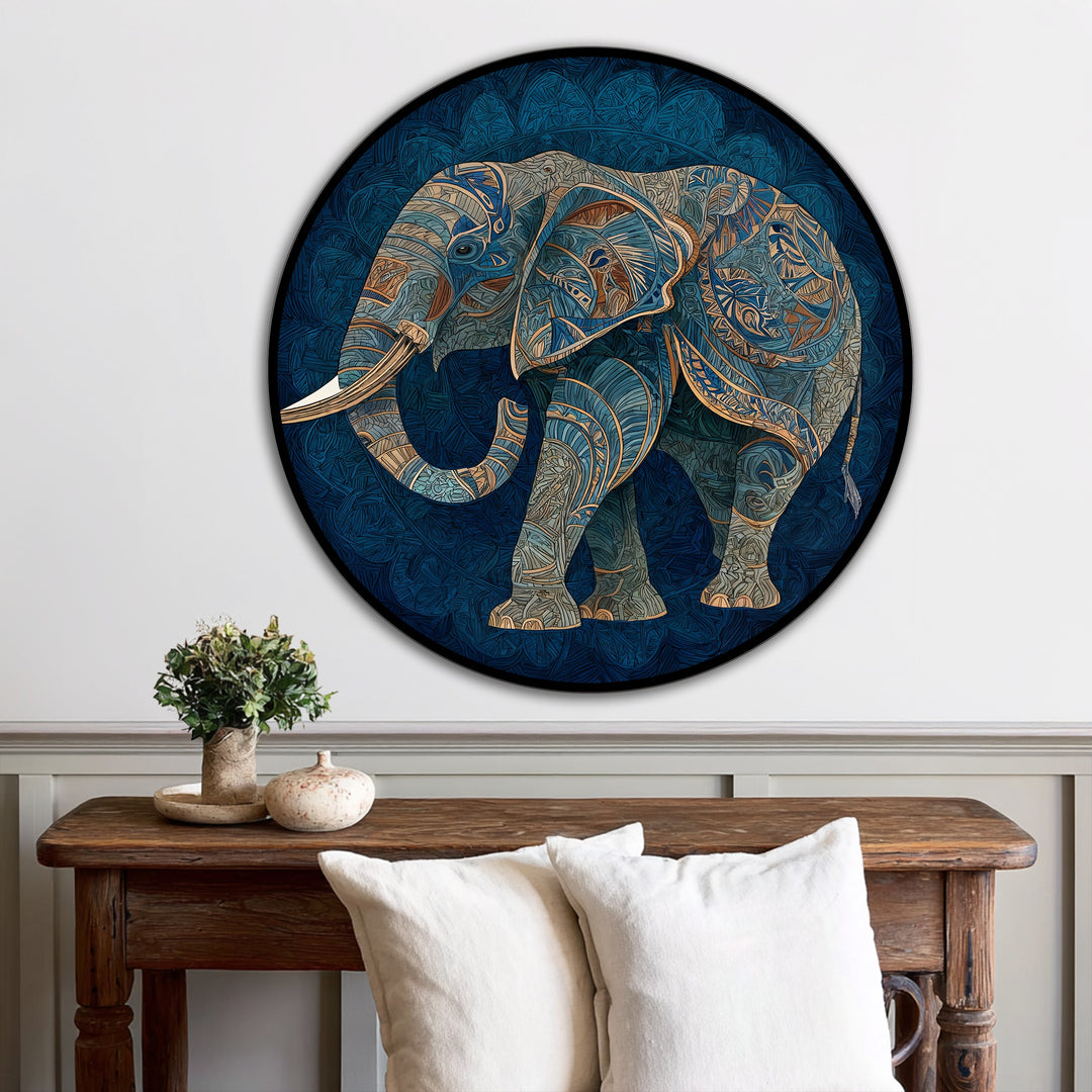 Negative space accentuates the detailed elephant silhouette in this Azure Spirit round oil painting, showcasing a modern oil painting art piece with intricate blue patterns.