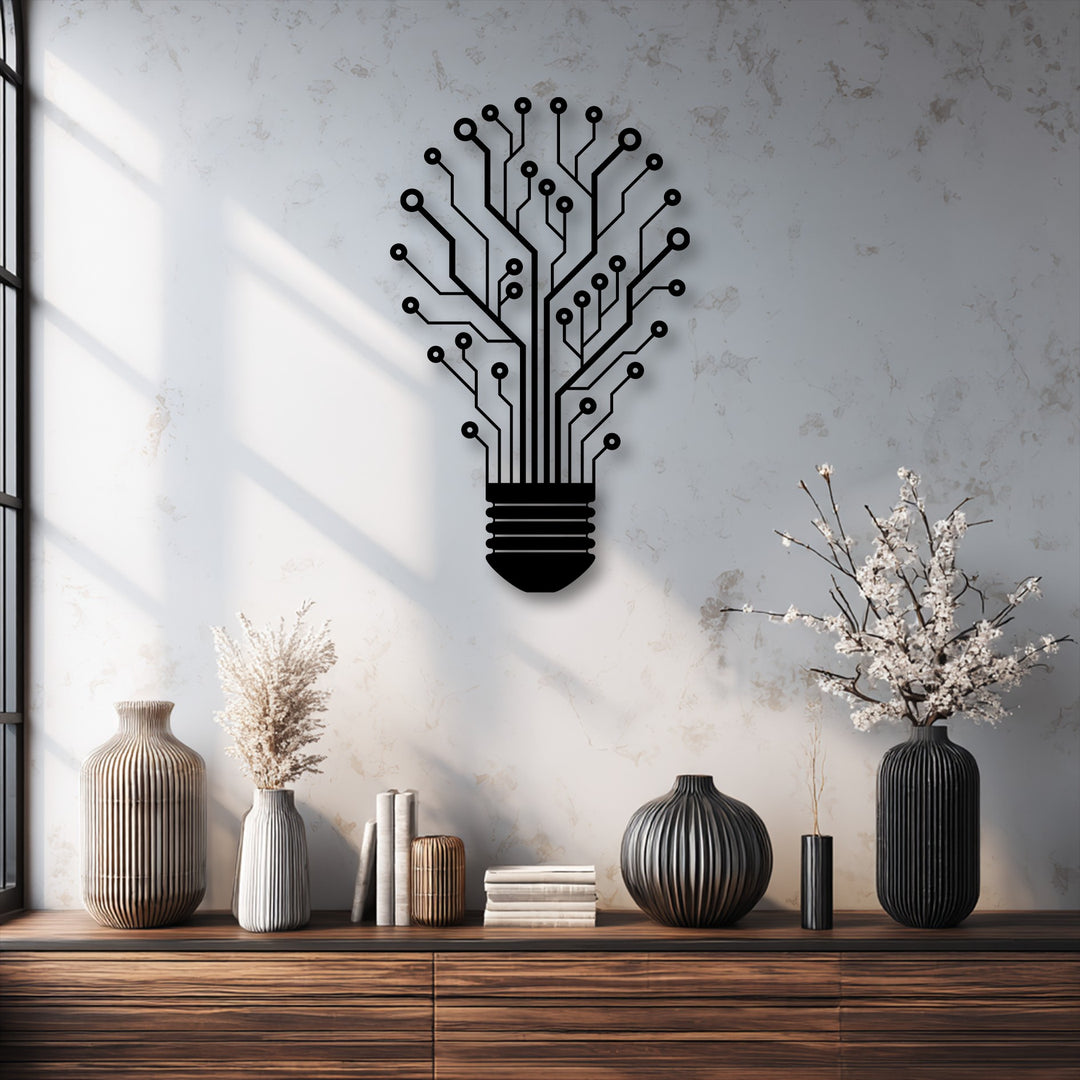 The focal point showcases the tech tree lightbulb metal wall decor, an innovative design with intricate circuit patterns.