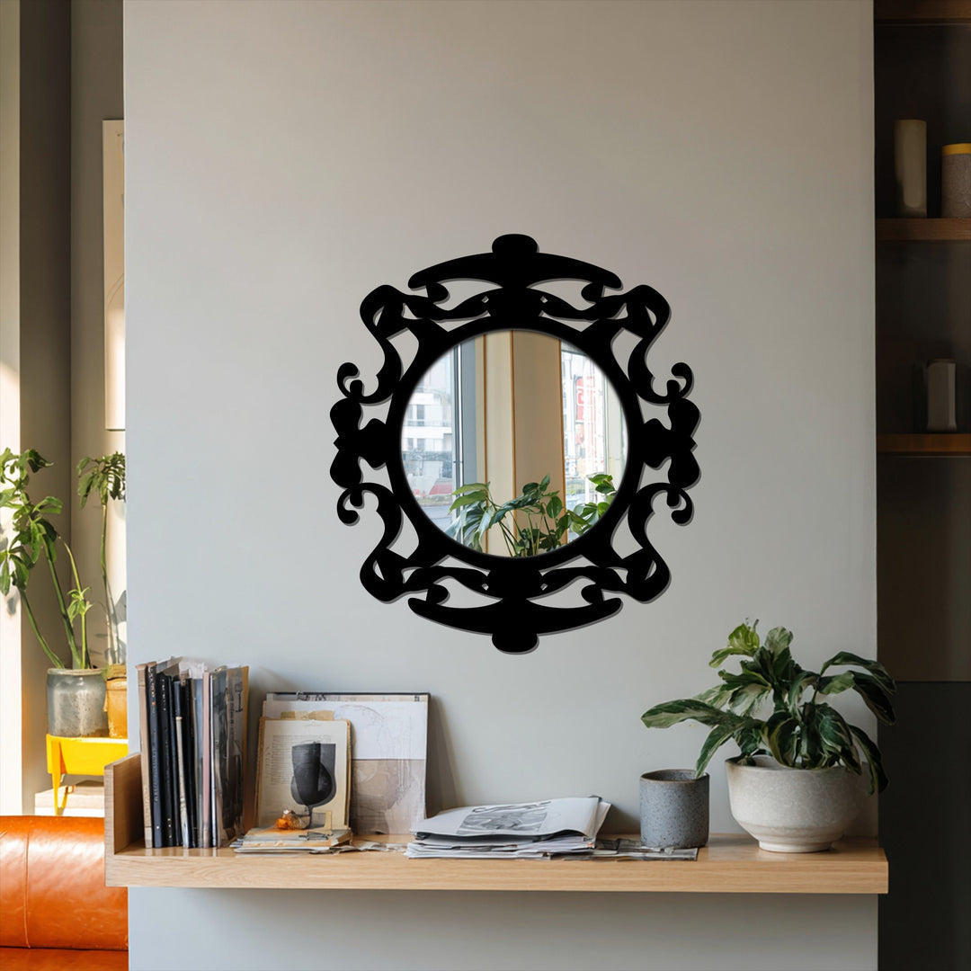 Showcasing the abstract quality of this ornate round floor mirror's dark frame, a striking example of innovative decorating with wall mirrors, adds a touch of mystery.