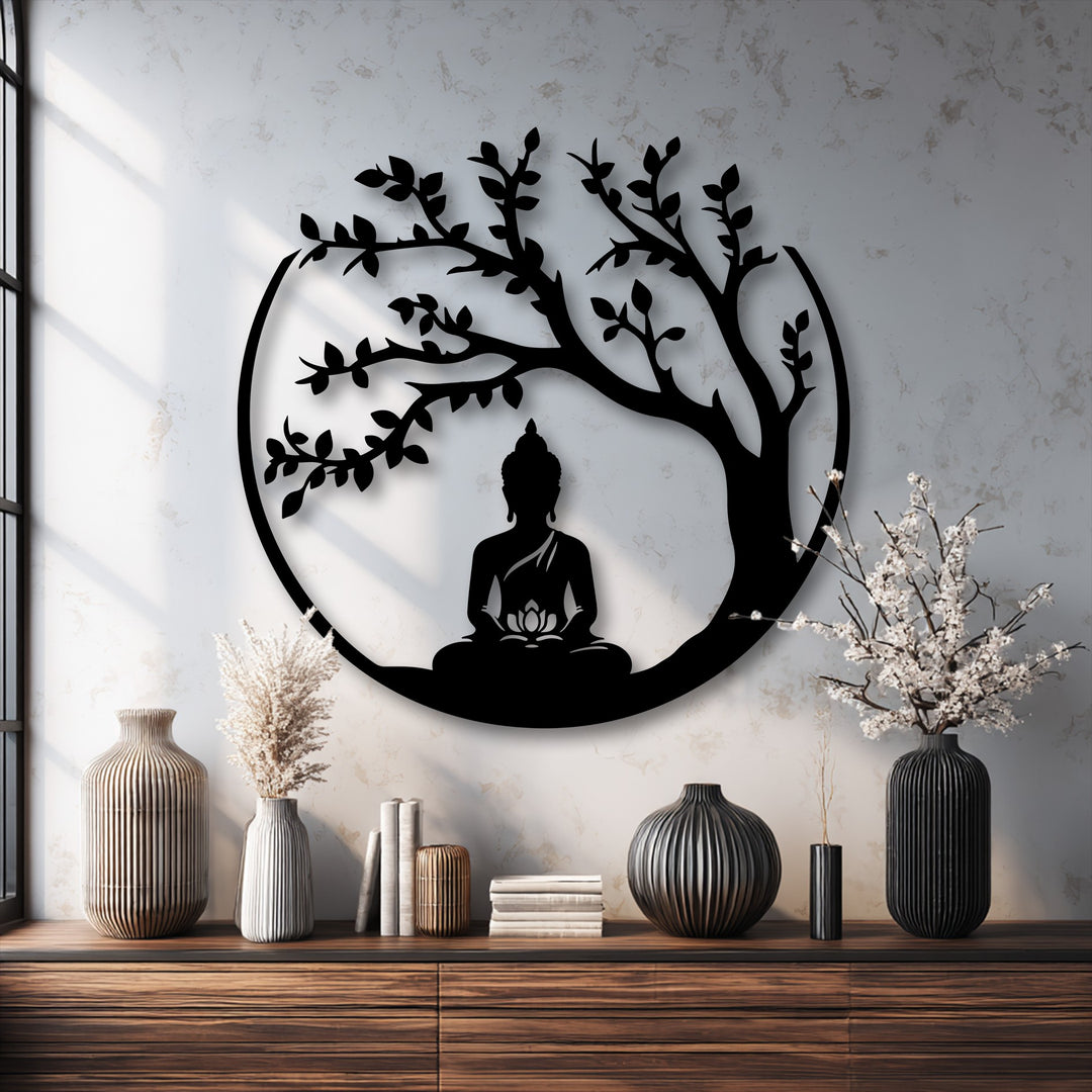 Branches gracefully arch over the meditative Buddha silhouette, shaping a metal artwork with organic curves and textures, adding a spiritual touch to metal artwork.