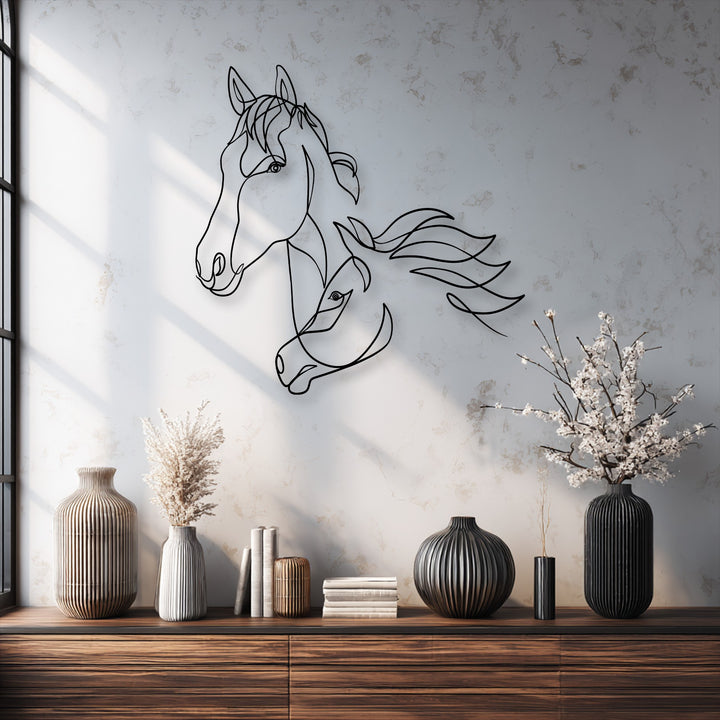 The tranquil stillness of the minimalist dual horse line art unique metal wall art calms the space, bathed in soft, filtered sunlight.