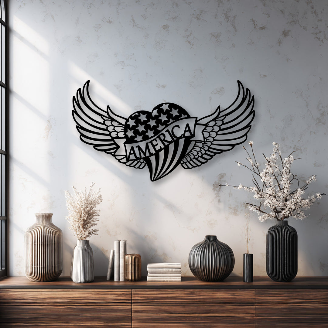 The textured, distressed off-white wall provides a subtle yet impactful backdrop for the patriotic American Heart metal artwork.
