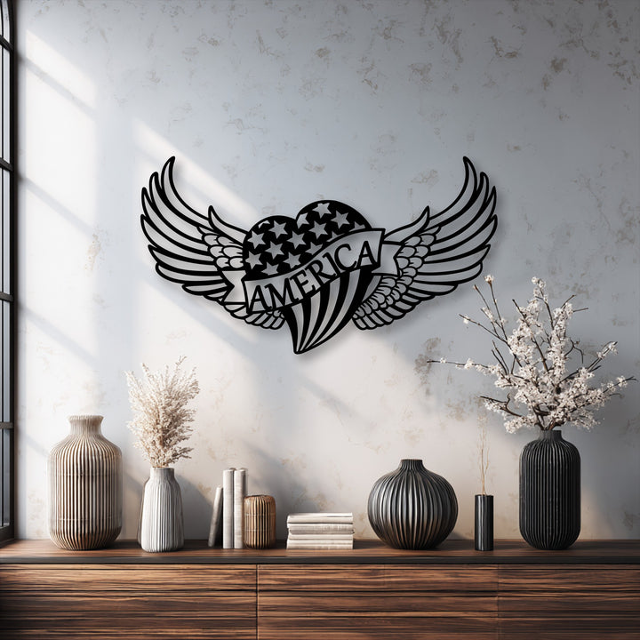 The textured, distressed off-white wall provides a subtle yet impactful backdrop for the patriotic American Heart metal artwork.