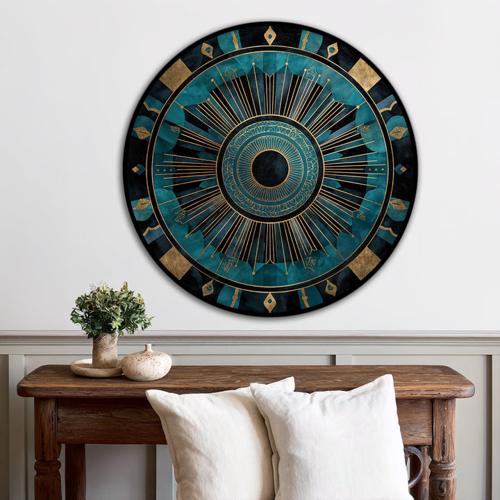 Cool color temperature teal and gold highlights accentuate the radiant design of this abstract round oil painting wall art mandala.