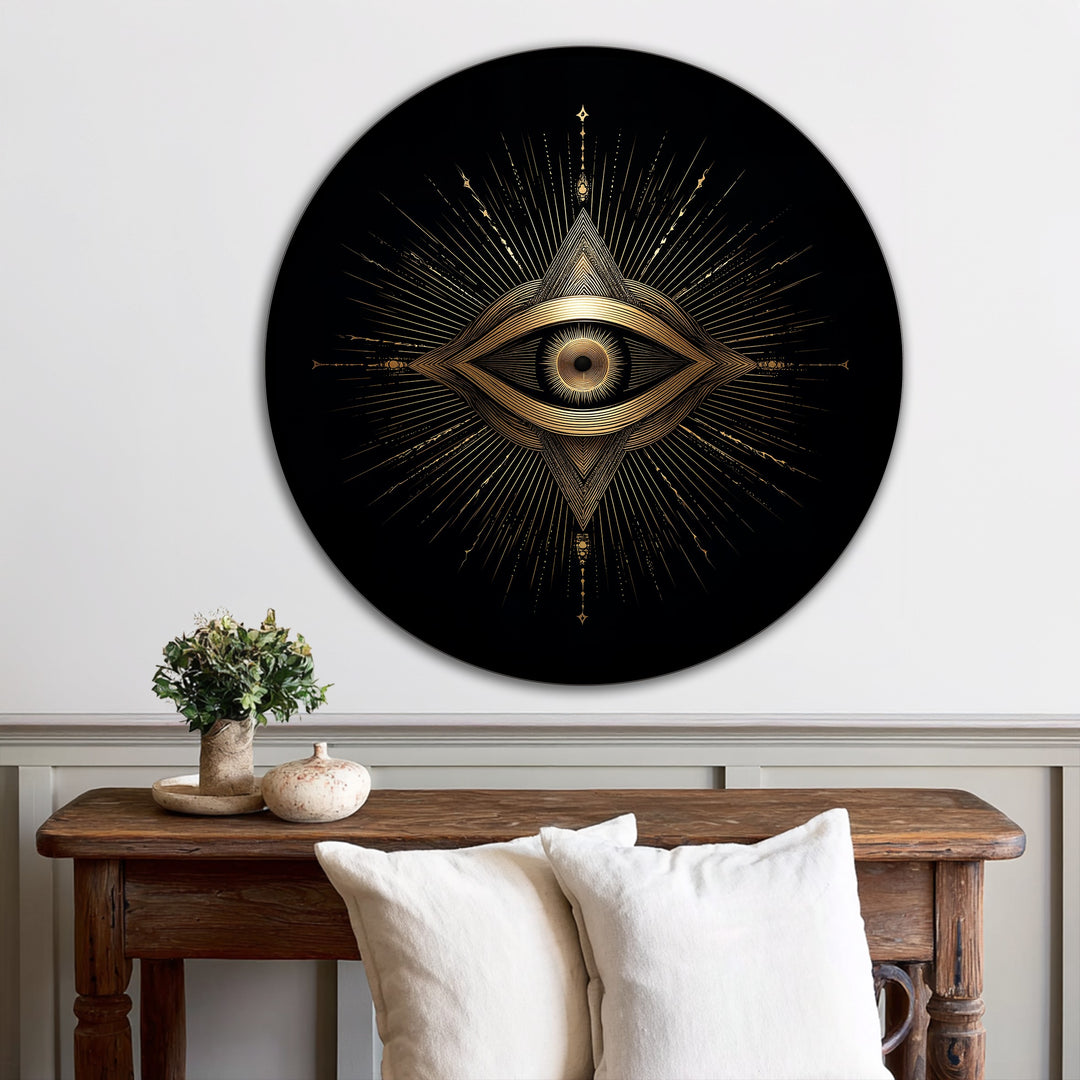 Ojo Sagrado Radiante – Redondo Geométrico Dorado Cuadro al óleo
