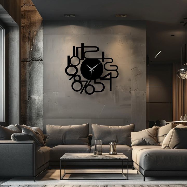 The rough, distressed concrete wall provides a striking contrast to the smooth, matte black abstract numbers metal wall decor clock.