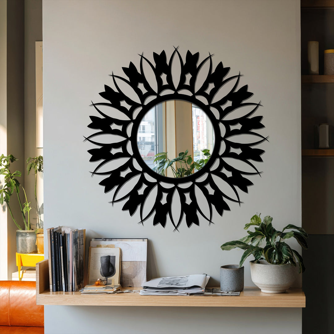 Black-framed floral sunburst stained glass wall mirror features a sophisticated matte finish, enhancing its elegant, decorative appeal.