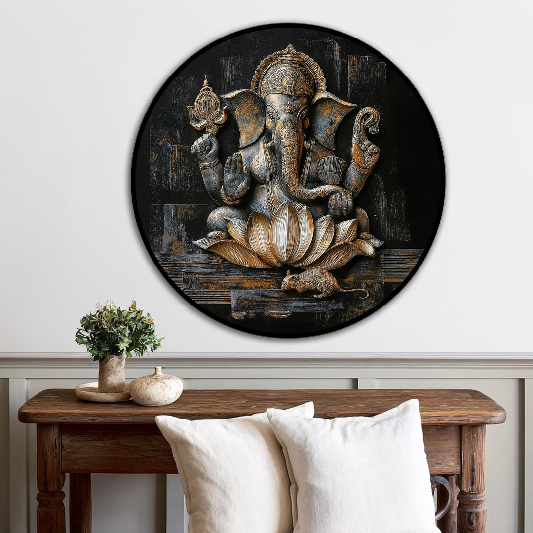 Emphasizing depth and layers, the round Ganesha lotus oil painting art prints reveal an intricate dimensional scene with bronze and gold hues.