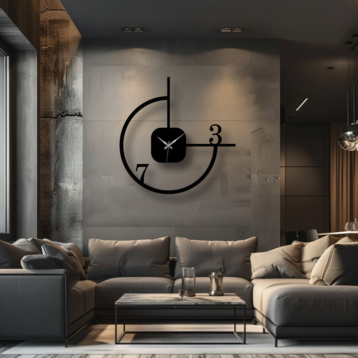 Soft pillows on the grey sofa complement the minimalist geometric metal wall decor, creating a cozy aesthetic in this interior design.