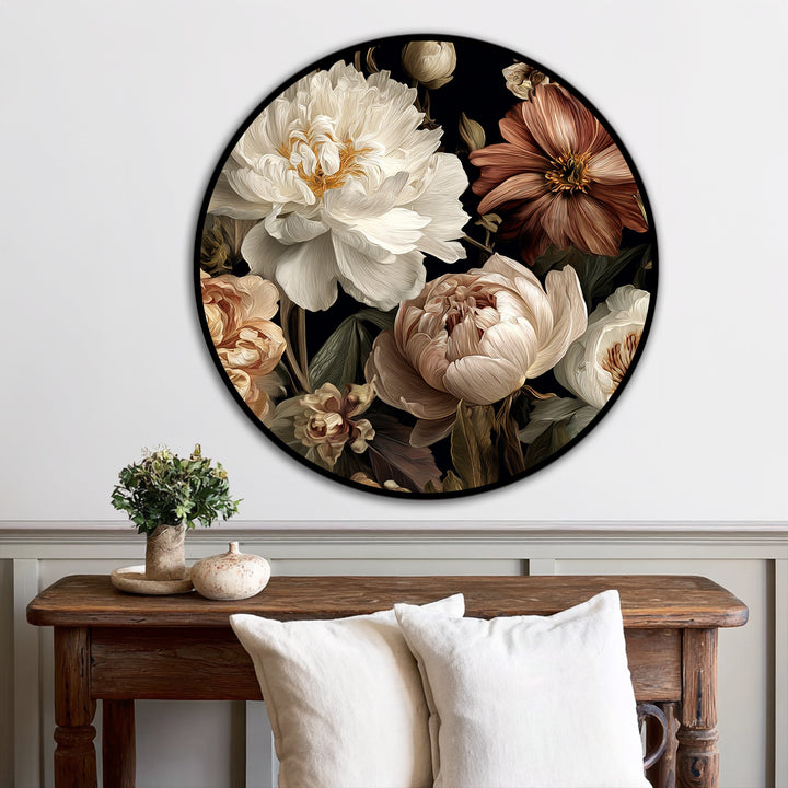 Highlighting the realistic detail, a round Velvet Bloom oil painting reproduction print showcases cream and blush peony floral elegance with exquisite texture, enhancing home decoration.