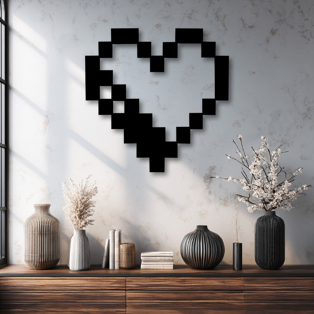 The patterned pixel heart decorative metal art creates a strong visual rhythm, reflecting a retro gaming aesthetic on the textured wall.