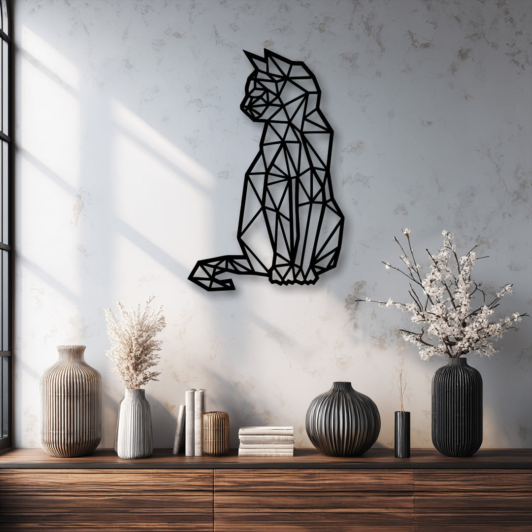 Geometric Sitting Cat – Modern Line Art Metal Wall Art