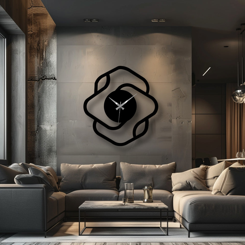 Black is the dominant color in this unique metal wall art piece, a modern abstract square frame clock enhancing this monochromatic decor.
