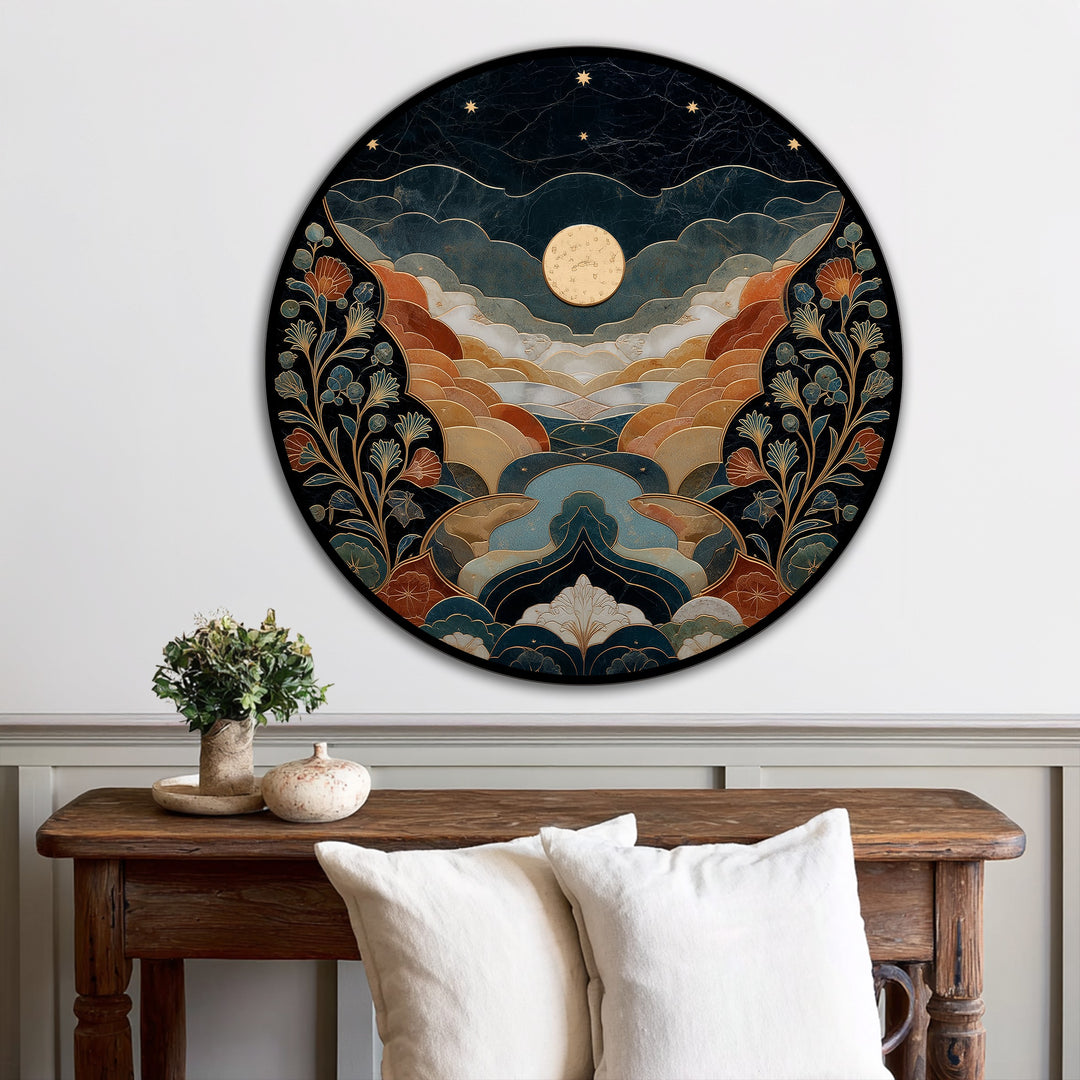 Cascading clouds and flourishing flora create a dynamic sense of movement in this celestial valley moonlit landscape round oil painting decoration.