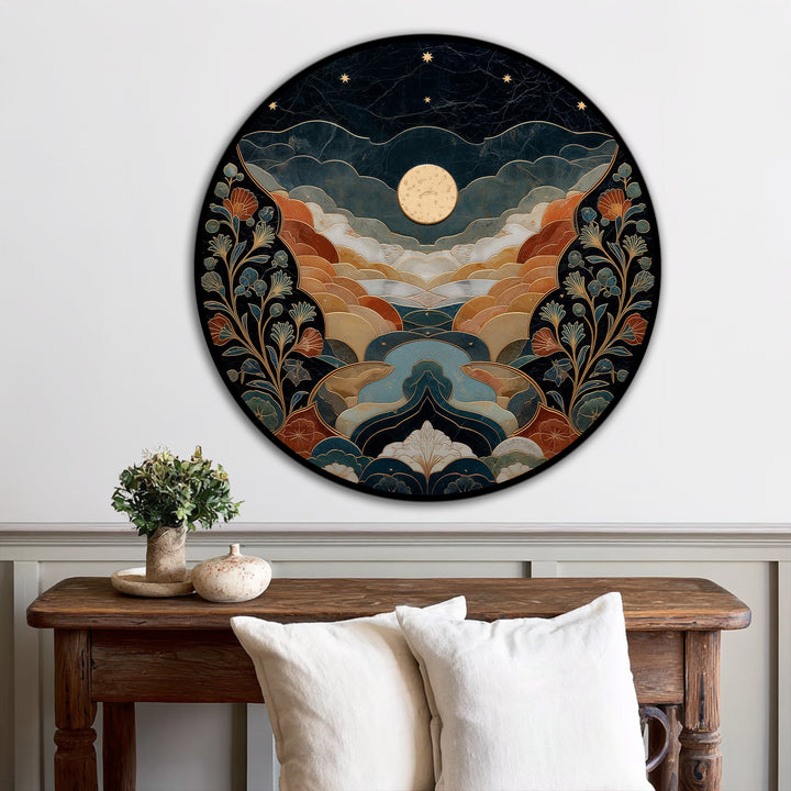 Cascading clouds and flourishing flora create a dynamic sense of movement in this celestial valley moonlit landscape round oil painting decoration.
