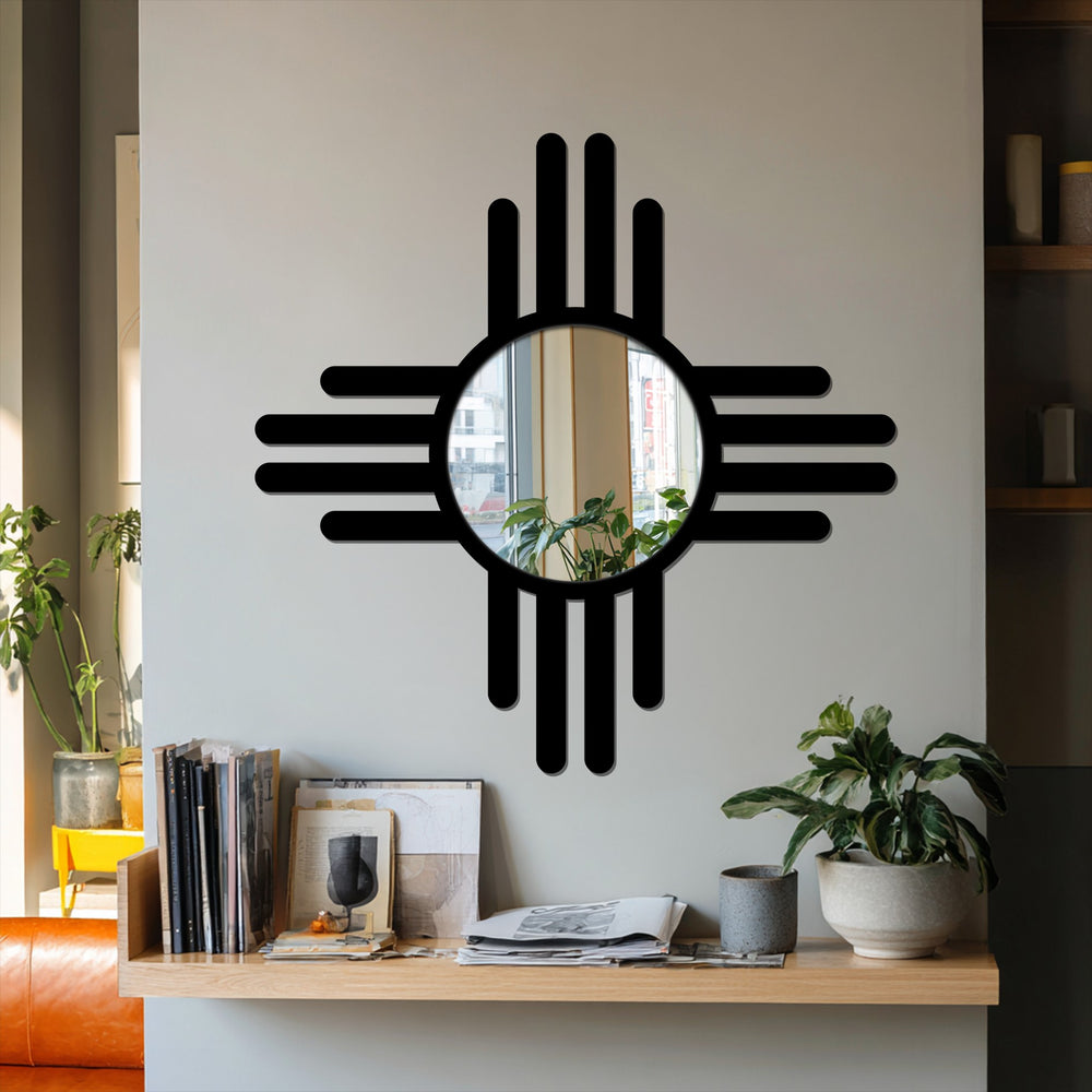A modern cross line floor mirror is showcased with a black frame on a wooden shelf, providing a reflective best glass art accent to the foreground detail.