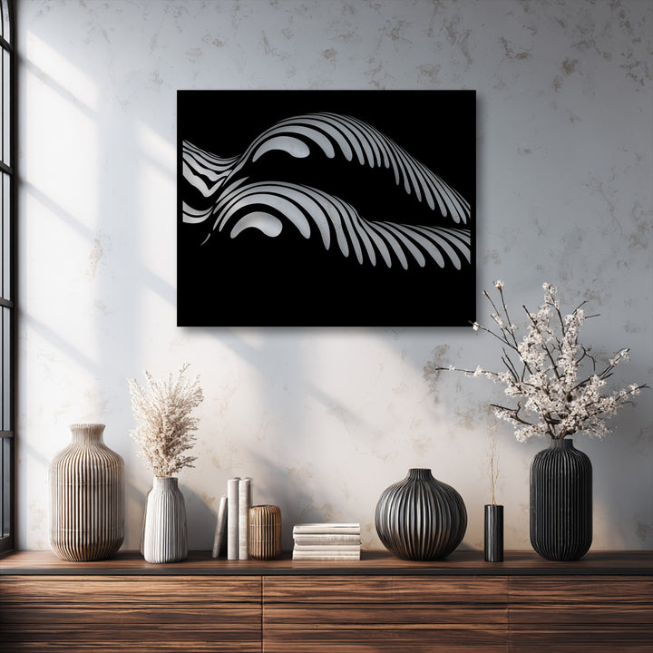 Geometric, rhythmic, undulating white stripes form a modern flowing wave design on this abstract decorative metal art.