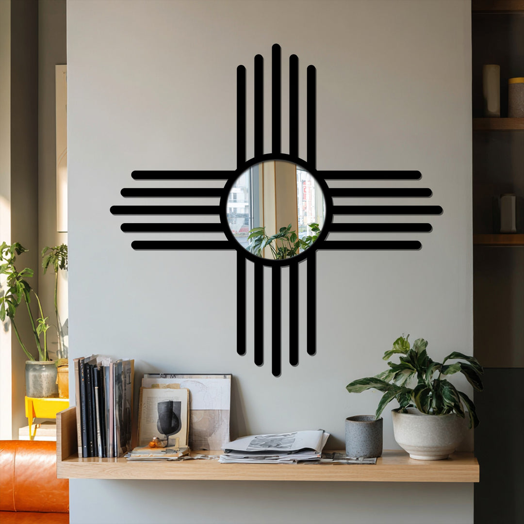 Black borders define this minimal cross line floor mirror, accentuating the circular reflective surface within a unique metal wall art frame.