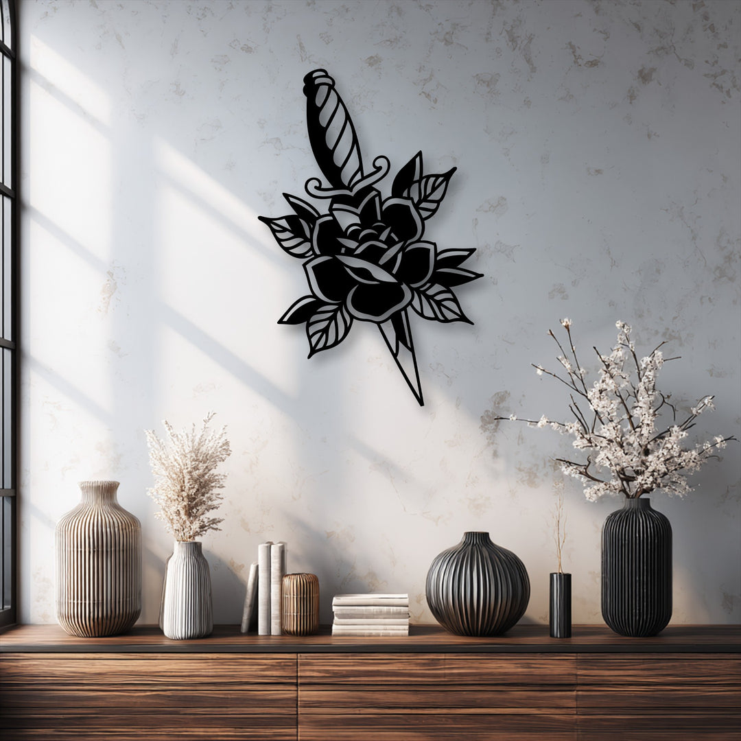 Exceptional material quality is evident in this sleek rose and dagger metal artwork, showcasing a bold floral design.