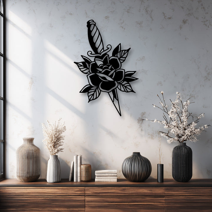 Exceptional material quality is evident in this sleek rose and dagger metal artwork, showcasing a bold floral design.