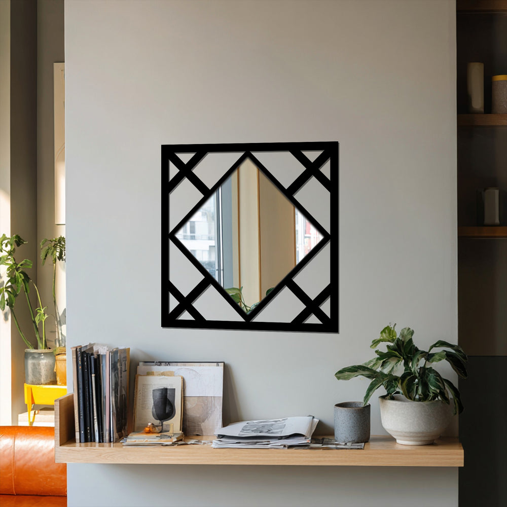 Bold black contrasts strikingly with the mirrored reflections in this diamond lines stained glass wall mirror, creating a geometric, eye-catching accent.