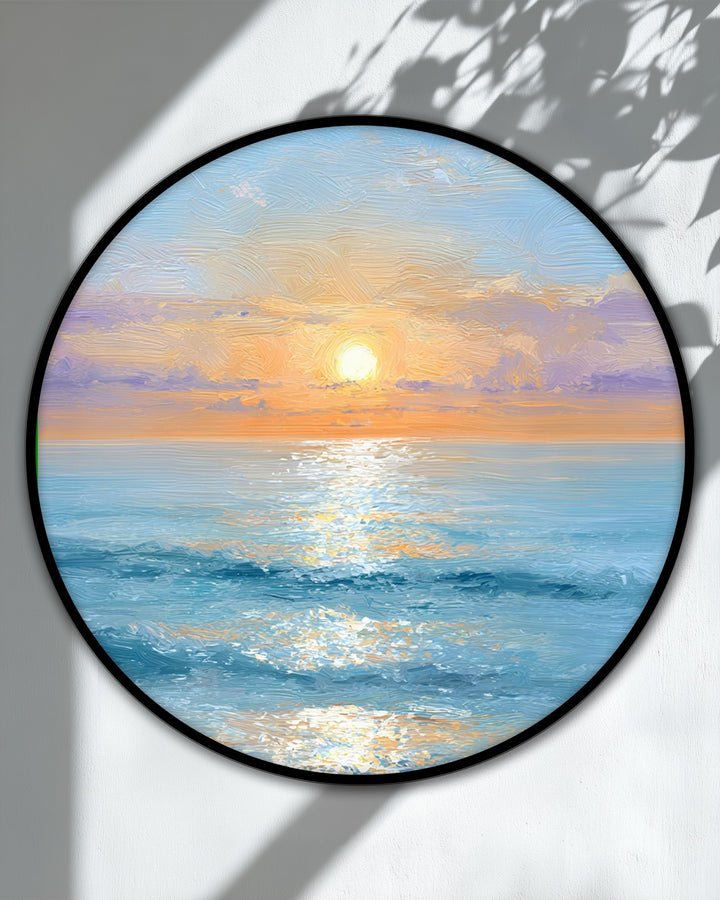 The brightest area of this golden sunrise over ocean round canvas print showcases a beautiful canvas wall art effect as the sun reflects on the water.
