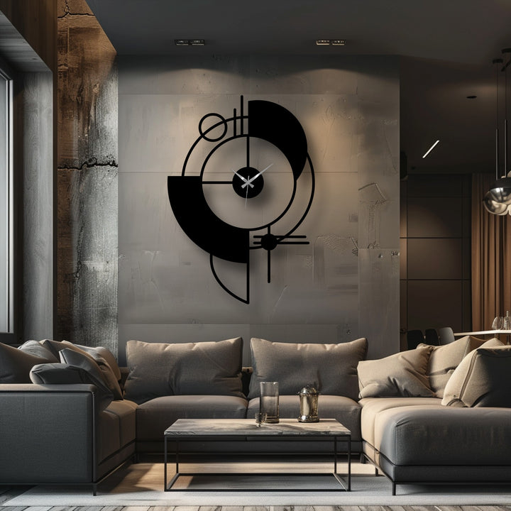 Soft cushions beckon beneath a striking abstract geometric metal wall clock, a unique metal wall art statement piece in a modern living room.
