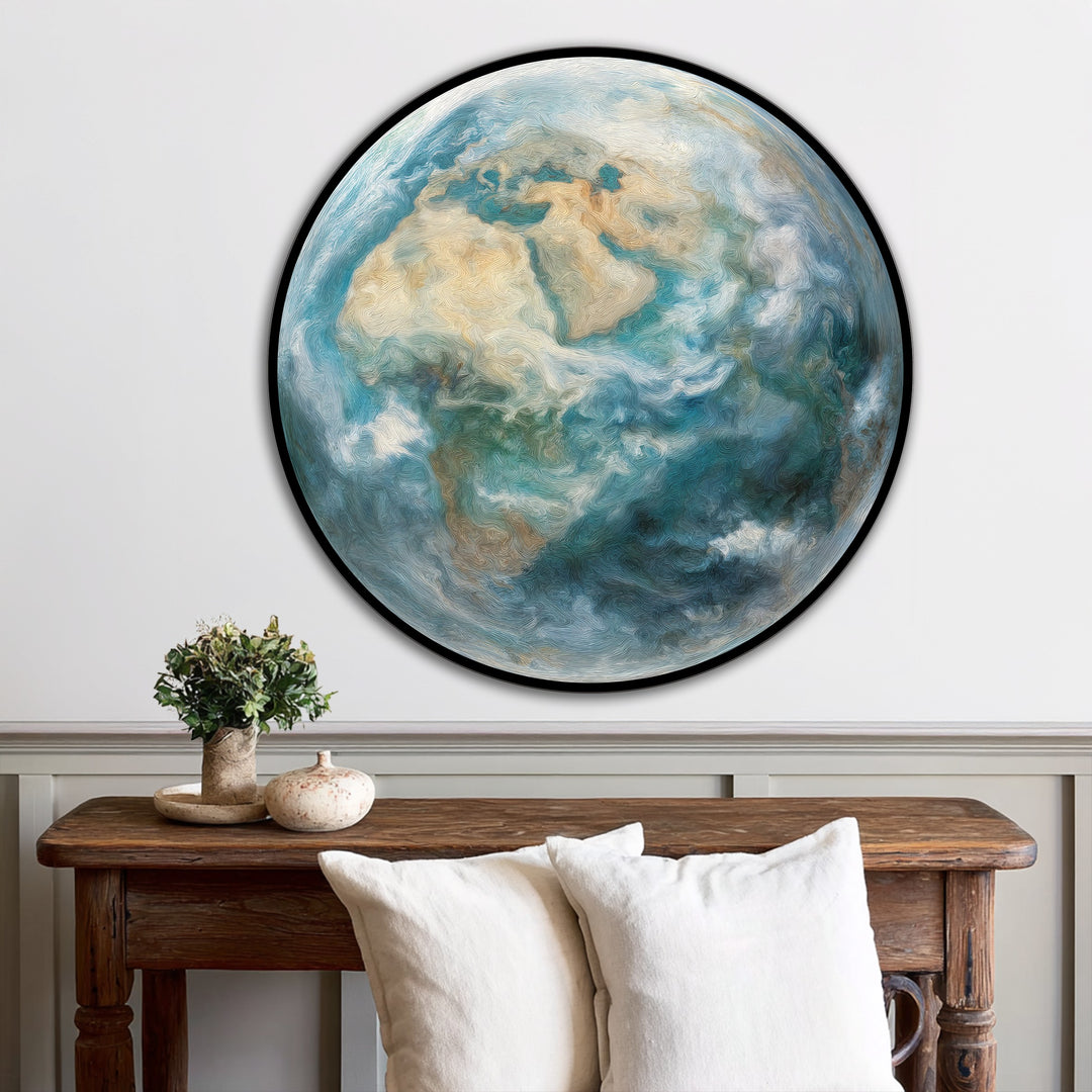Round, horizontal oil painting reproduction print features an atmospheric view of Earth, offering a unique perspective on our planet's natural beauty.