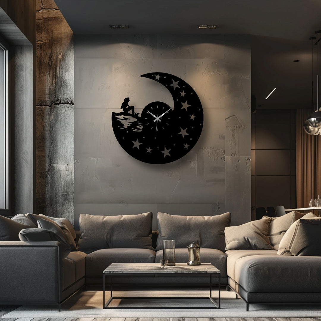 Illuminated celestial night design draws focus to the moon metal wall clock, a stunning example of decoration wall art that brings dreamy elegance to any room.