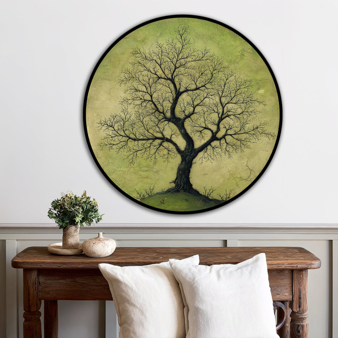 Transitioning from the soft green to black in this oil painting art piece, a solitary branching tree creates a captivating nature-inspired round artwork.