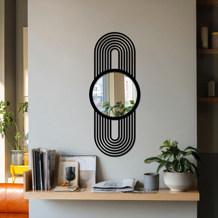 Black arch line floor mirror features a dynamic, rhythmic decoration wall art design, visually rippling outwards from the reflective center.