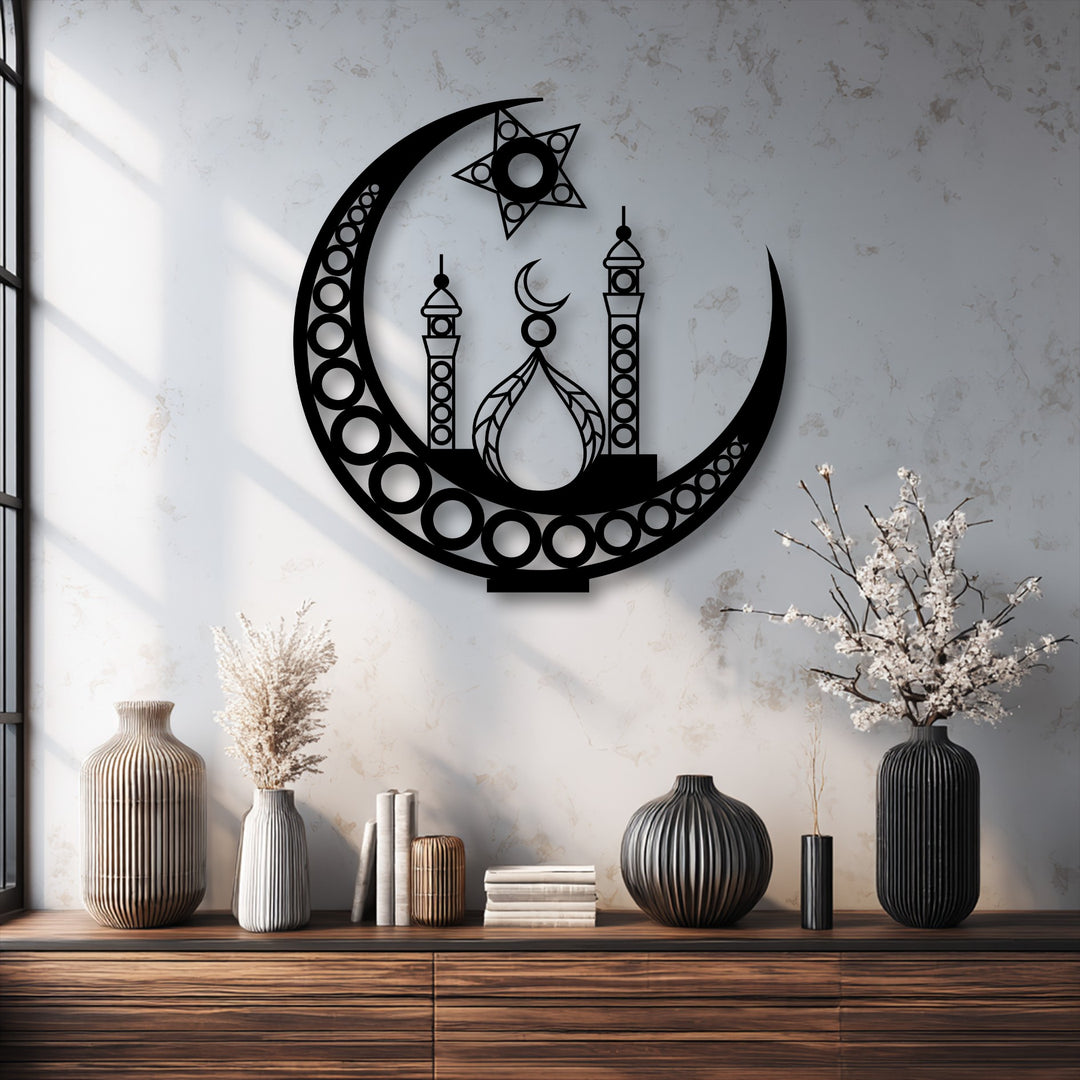 The focal point highlights an elegant black Islamic Crescent Moon Mosque decorative metal art piece, showcasing its intricate design against a textured wall.