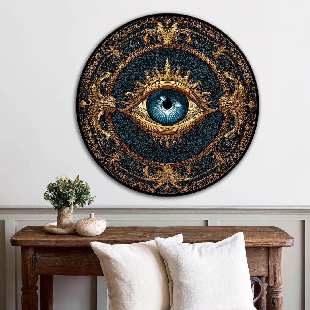 Warm golden tones illuminate the celestial guardian eye in this ornate round wooden oil painting wall art, creating a contrast with the cool blues and dark background in this unique oil painting wall art.