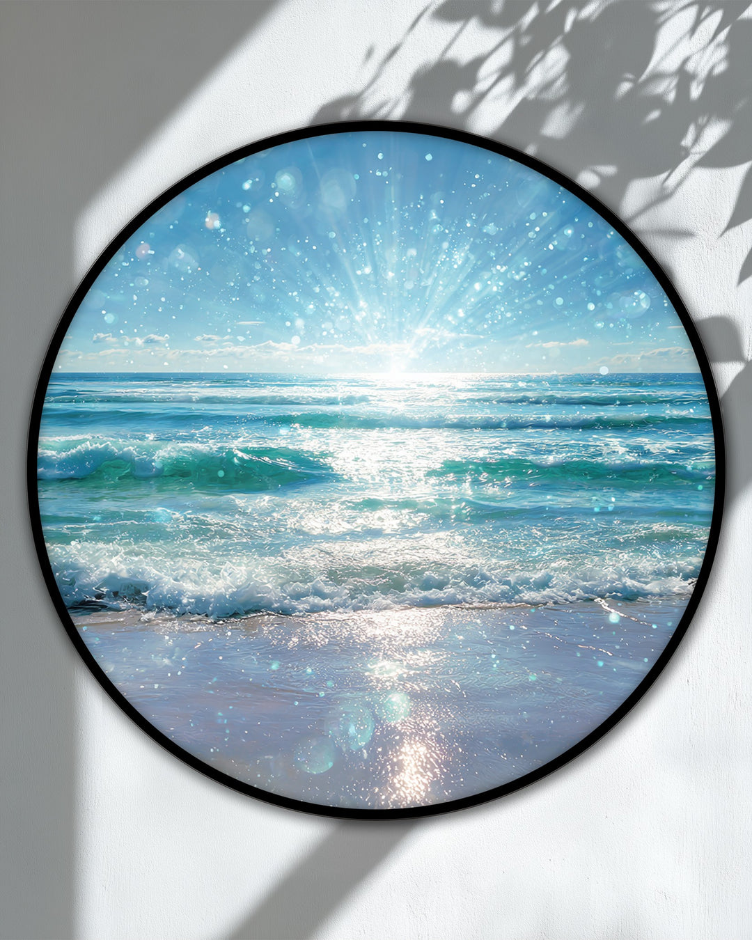 Cool color temperature enhances this round canvas art print, showcasing a radiant ocean light burst as sparkling canvas art prints.