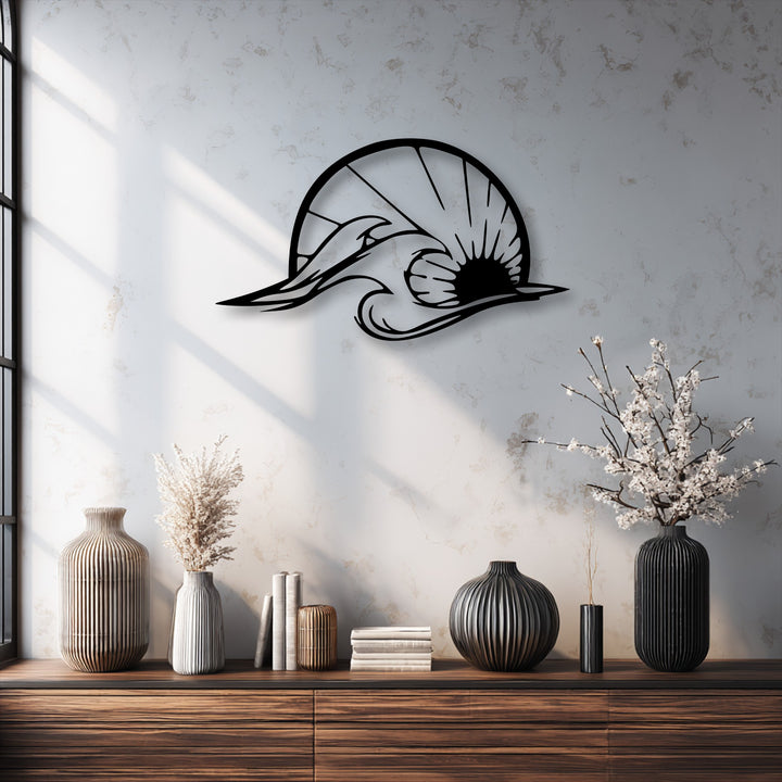 The sleek matte black finish of the dolphin wave metal decoration wall art adds a sophisticated touch to coastal decor.