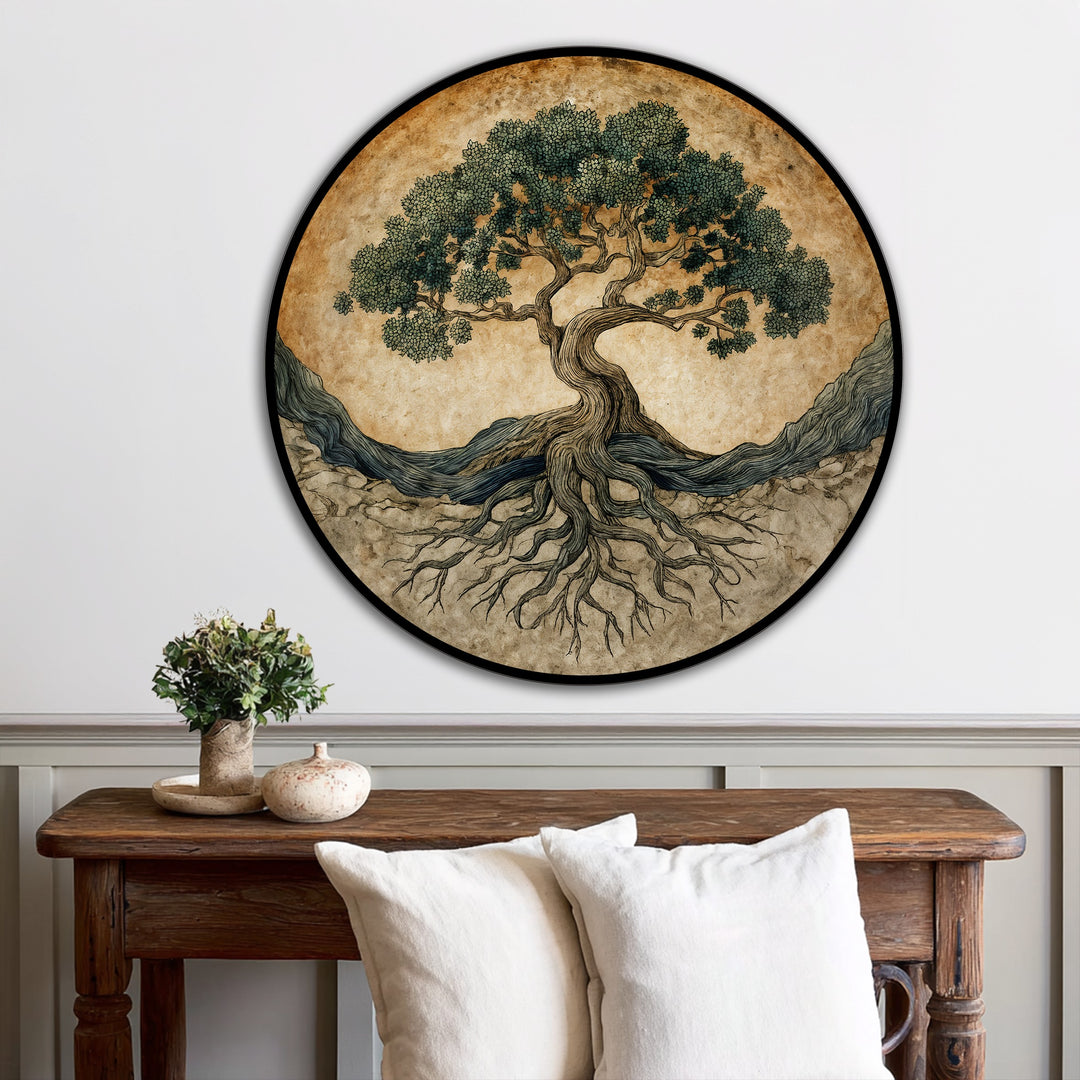 Illuminated by the sun, this modern oil painting art showcases a round, symbolic tree of life with deeply rooted, earthy tones creating a radiant piece.
