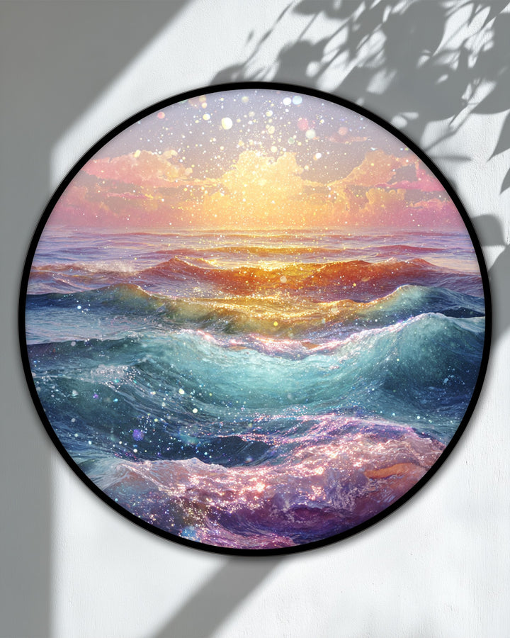 Vibrant color contrast distinguishes this round canvas print, presenting striking canvas pictures of golden dream waves under a radiant ocean sunset.