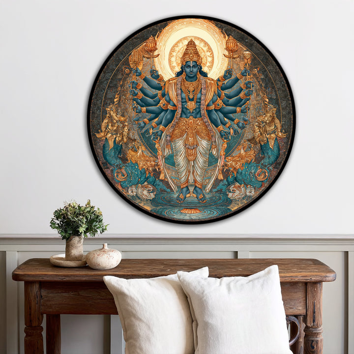 Warm hues highlight the radiant divinity of this multi-armed deity round oil painting, contrasting with the cool turquoise accents for vibrant oil painting home decor.