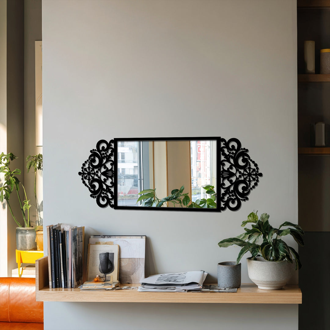 Central ornate baroque scroll frame surrounds the mirror, a decorative design adding vintage style and acting as a unique mirror for wall decor.