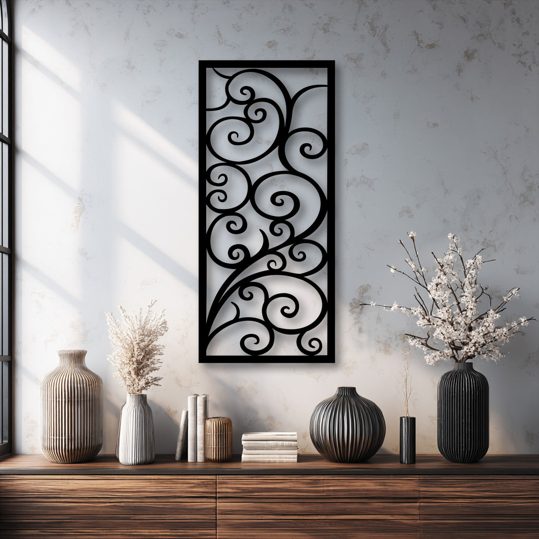 Dominating the wall, an elegant scroll pattern decorative metal art with flowing black vine designs creates a captivating focal point.